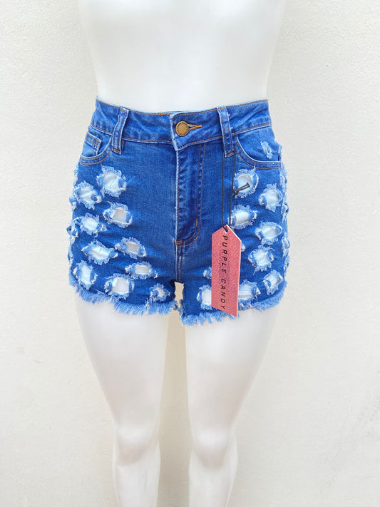 Short azul Purple Candy Original, con rotos.