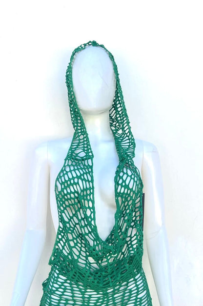 Salida de playa/ Vestido/ Cover up Fashion Nova, verde liso estilo red y capucha.