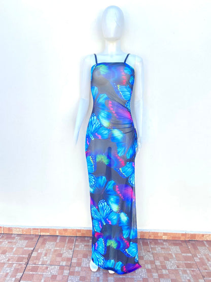 Vestido , puede utilizar como Coverup de playa también, azul con estampado de mariposa, con lazo ajustable y abierto abajo, largo.