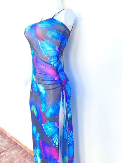 Vestido , puede utilizar como Coverup de playa también, azul con estampado de mariposa, con lazo ajustable y abierto abajo, largo.