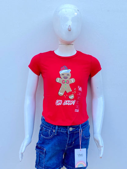 T-shirt/Blusa niñas AMERICAN DREAM TEAM NETWORK Original rojo, con un muñeco de galleta y letras “OH SNAP!” (Oh Chasquido).