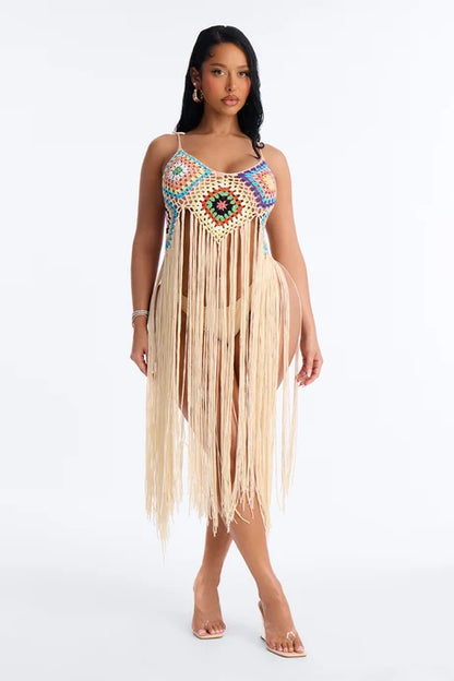 Cover Up/ Vestido, crema con tiras largas y bordado en crochet multicolor.