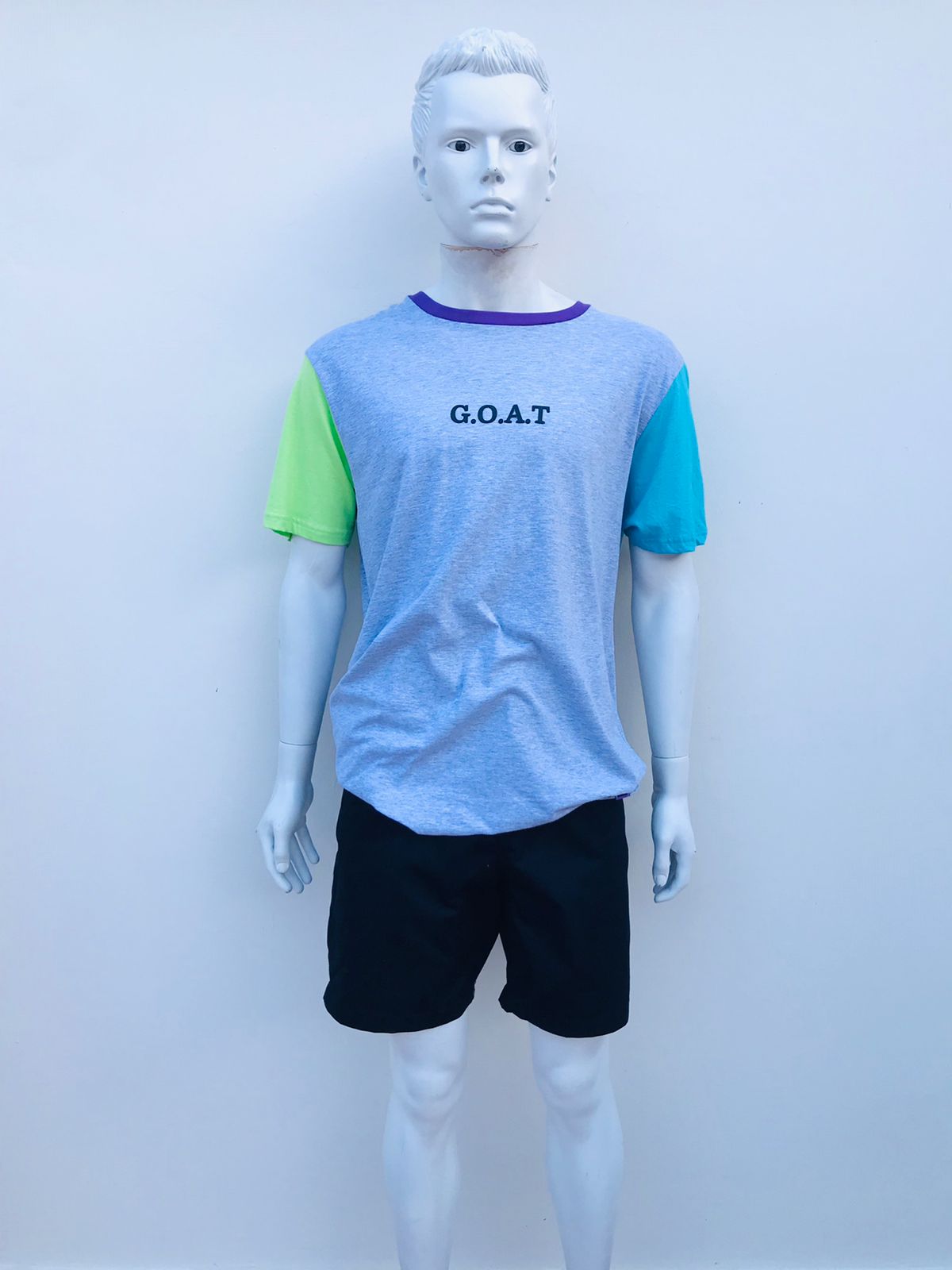 T-shirt W X Y Z original de color gris con manga derecha verde manga izquierda azul y cuello a color morado con letra G.O.A.T en negro al frente