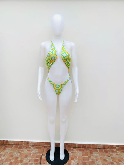 Biquini, de una pieza  FORPLAY original, verde con círculos naranjas, verdes y blanco