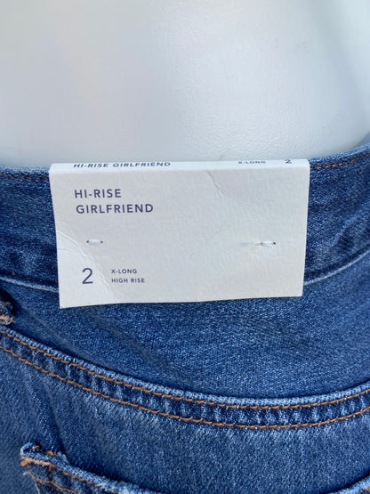 Pantalón Jean American Eagle original azul oscuro con rasgados, GIRLFRIEND HI-RISE.