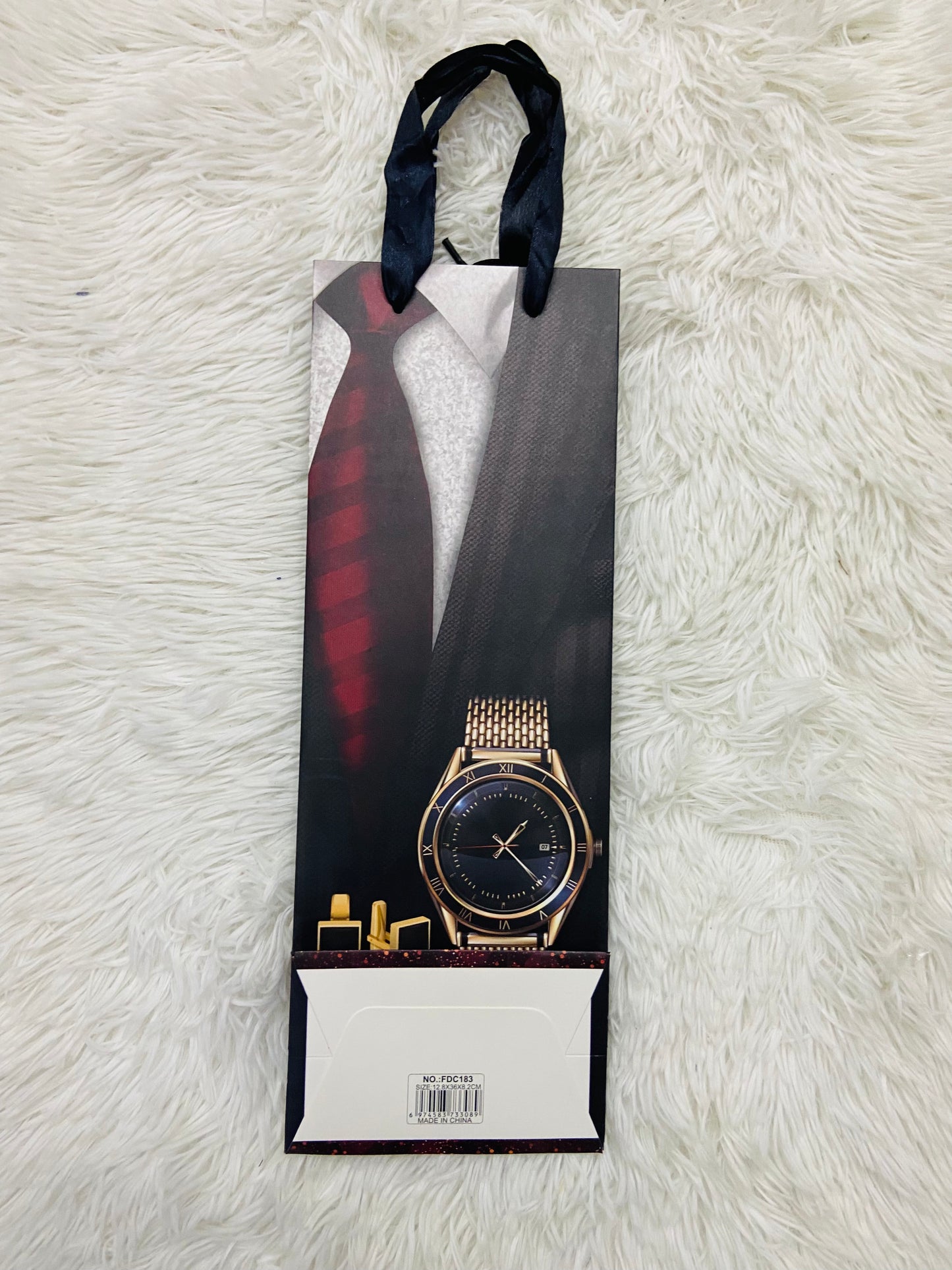 Shopping negro con lazos negro y estampado de una corbata y un reloj, MEDIANO.