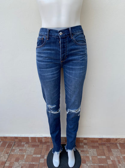 Pantalón Jean American Eagle original azul oscuro con rasgados, GIRLFRIEND HI-RISE.