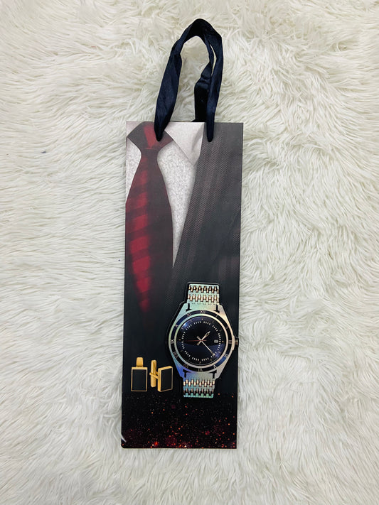 Shopping negro con lazos negro y estampado de una corbata y un reloj, MEDIANO.